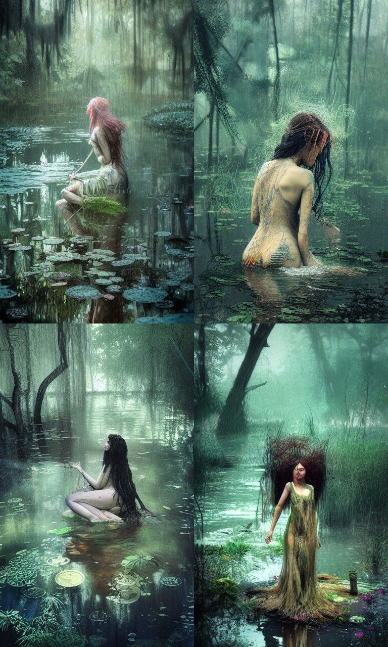 Swamp Goddess in Murky Water: Hyper-Realistic Illustration