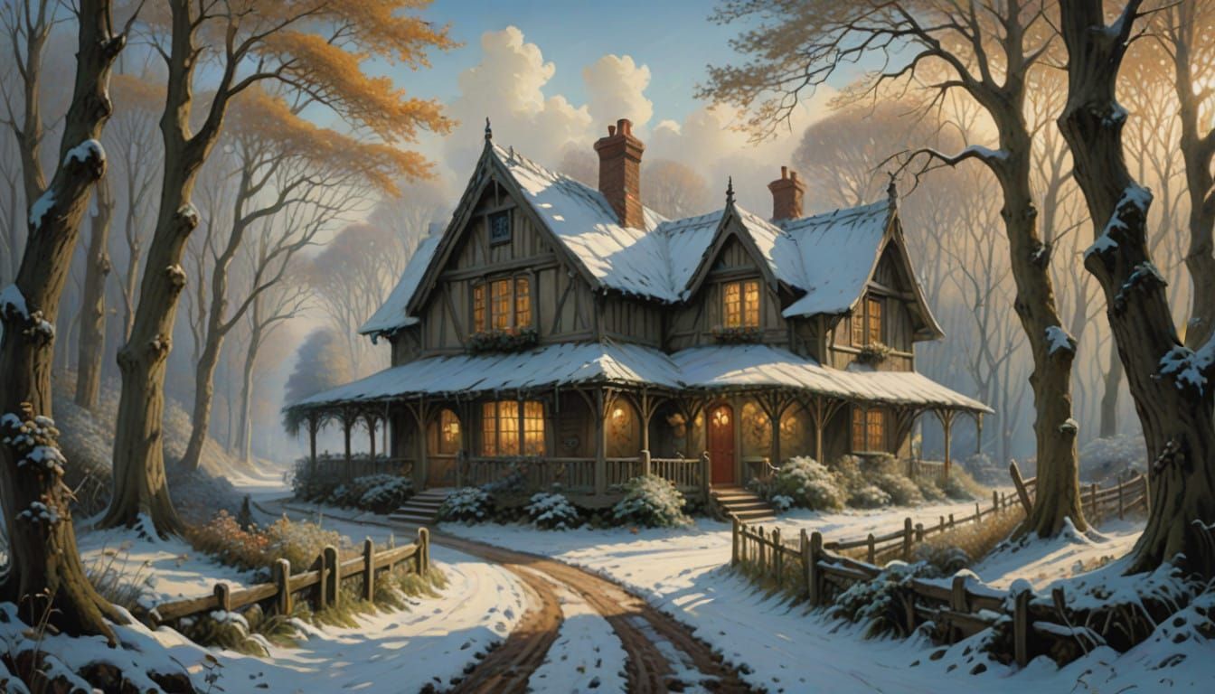 Peaceful Snowy Cottage Scene in Soft Focus