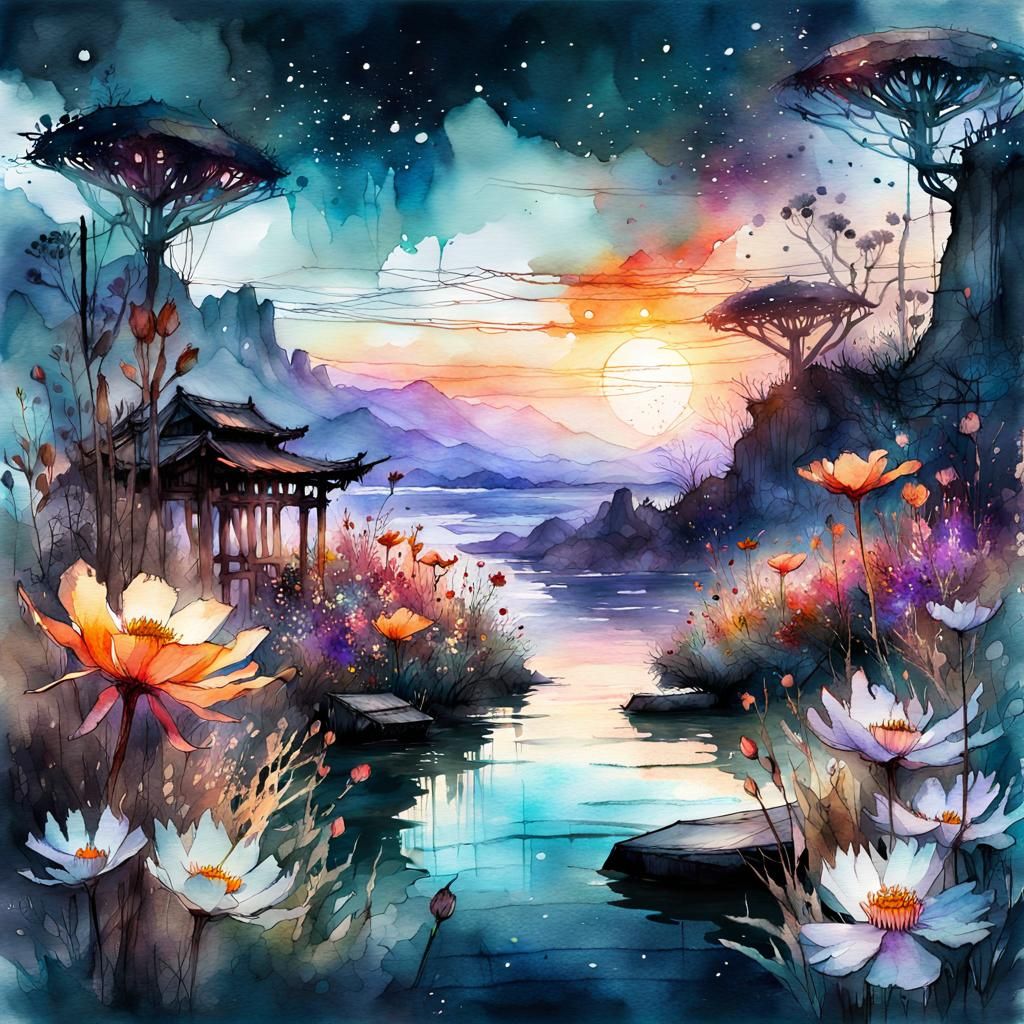 Sci-Fi Flowers Blooming at Night in Watercolor
