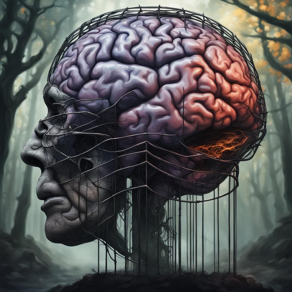 Caged Brain with Gaps in Dark Forest, Hyperrealistic Art