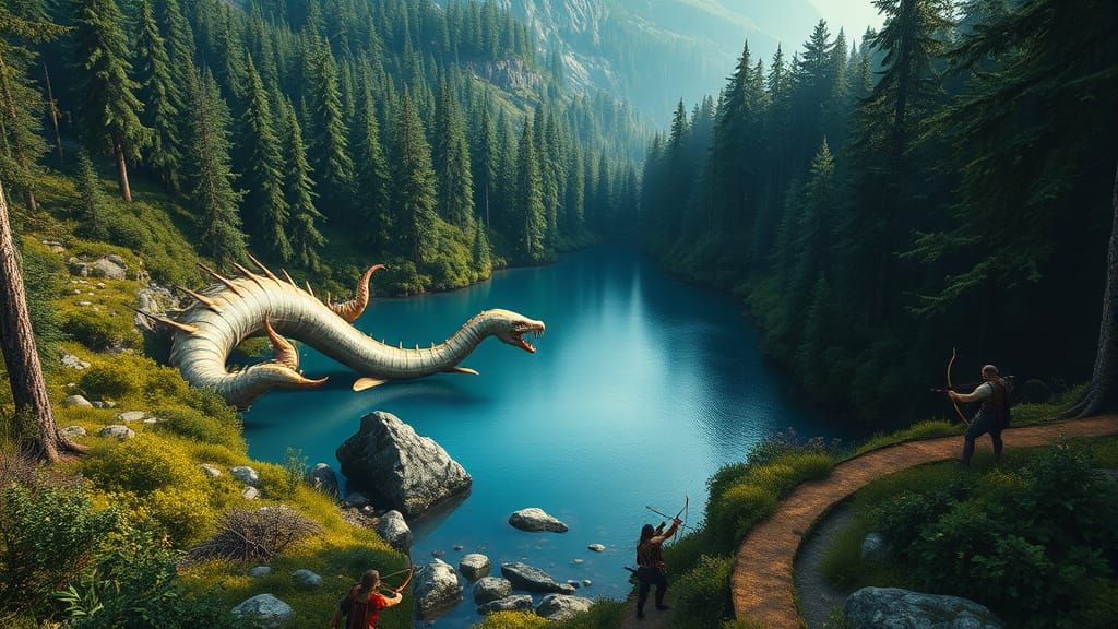 Fantasy Rangers Battle Wormbeast in Overgrown Forest