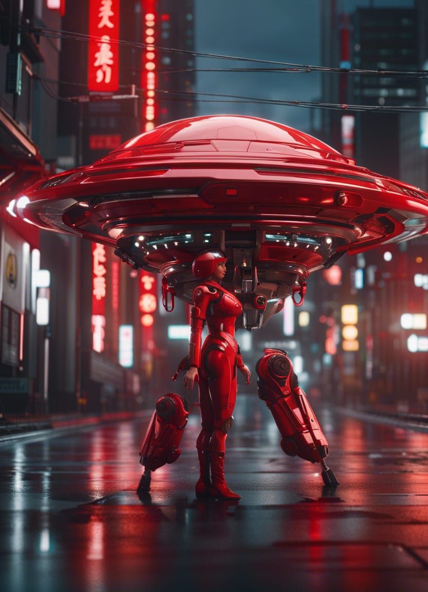 Red Cyborg Emerges in Futuristic Cityscape
