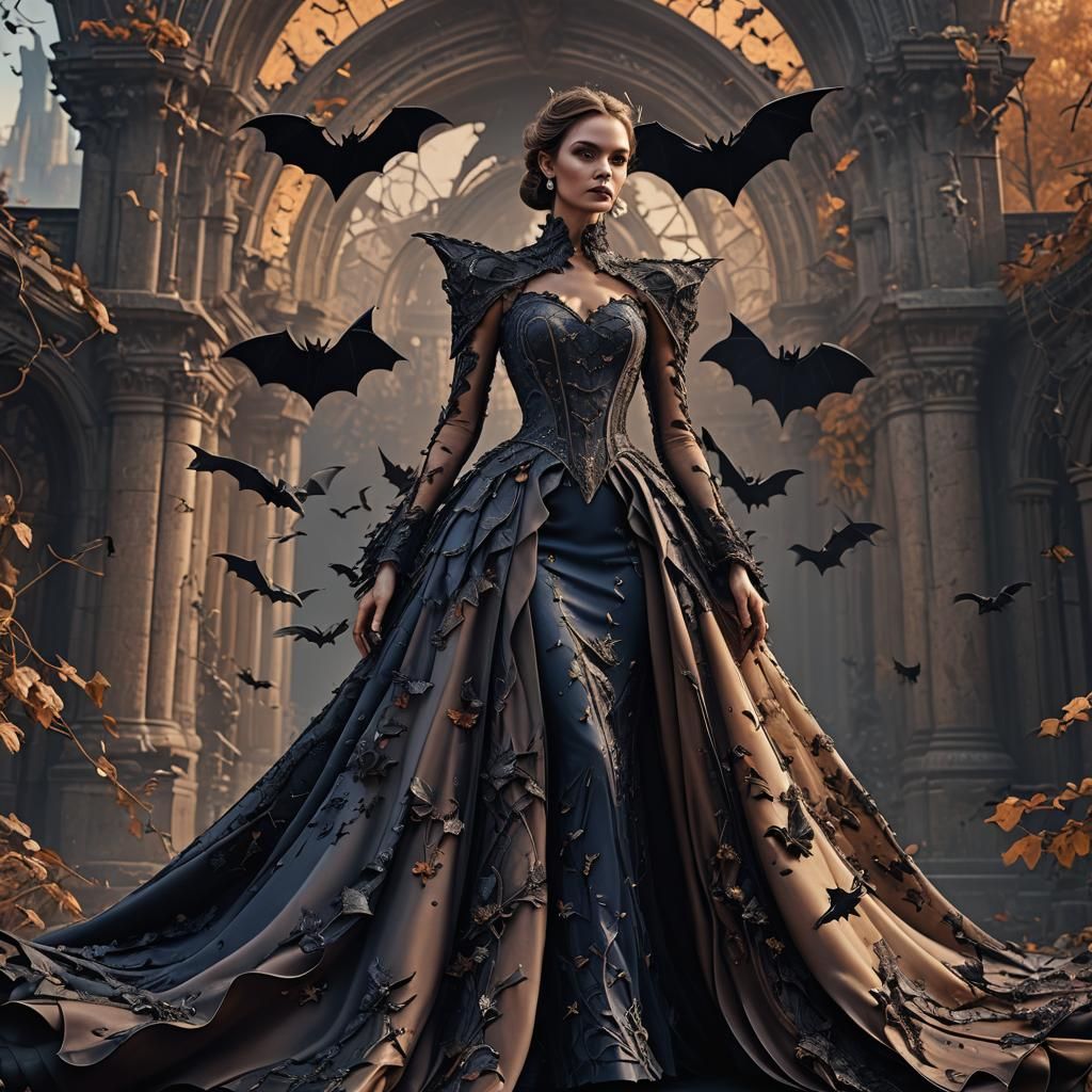 Bat-Inspired Haute Couture Dress in Detailed Matte Painting