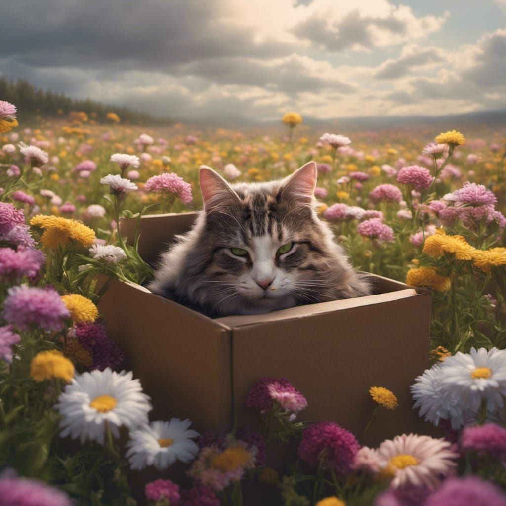 Cat Nap in Flower Field: Digital Matte Painting