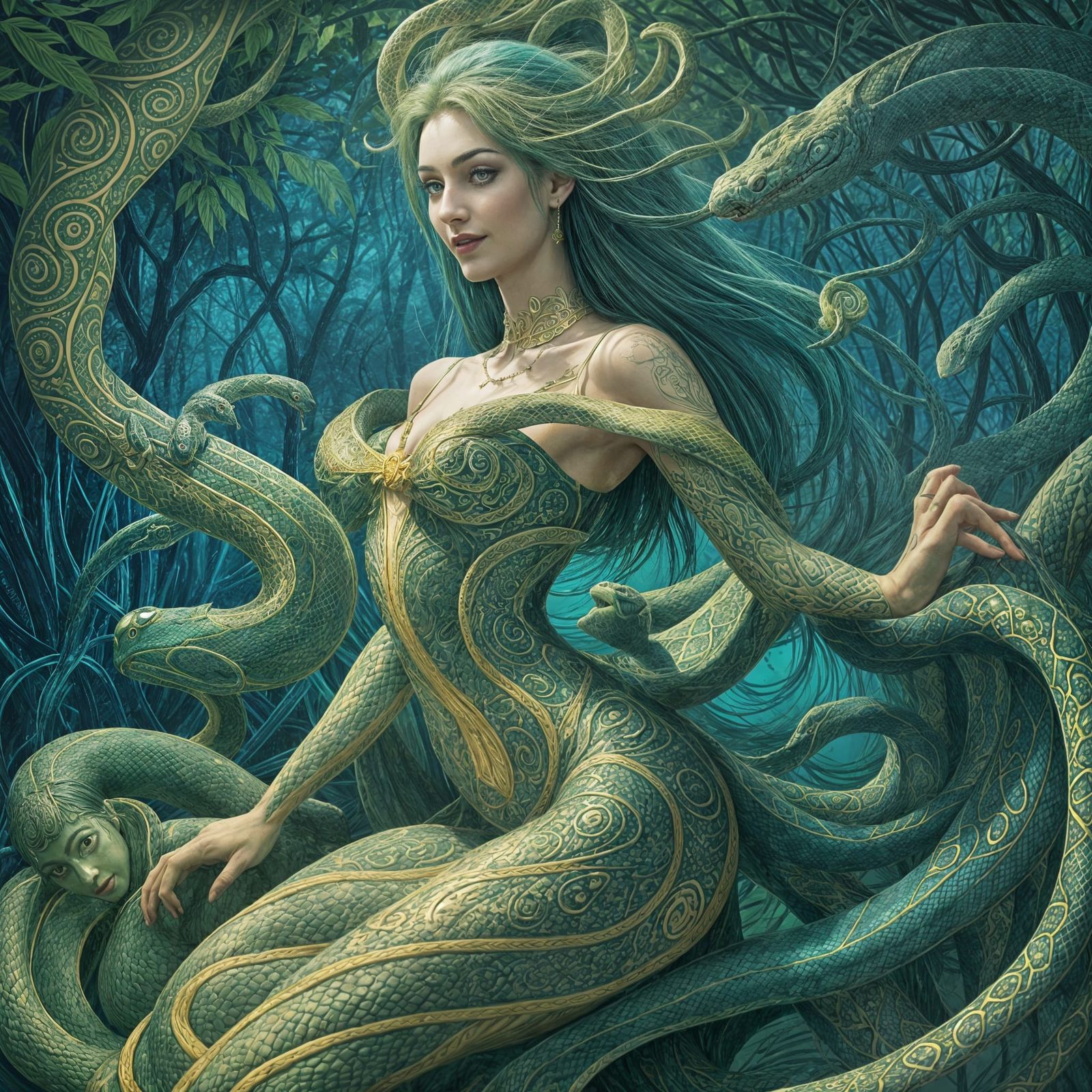 Stunning Serpent Woman with Flowing Aqua Hair