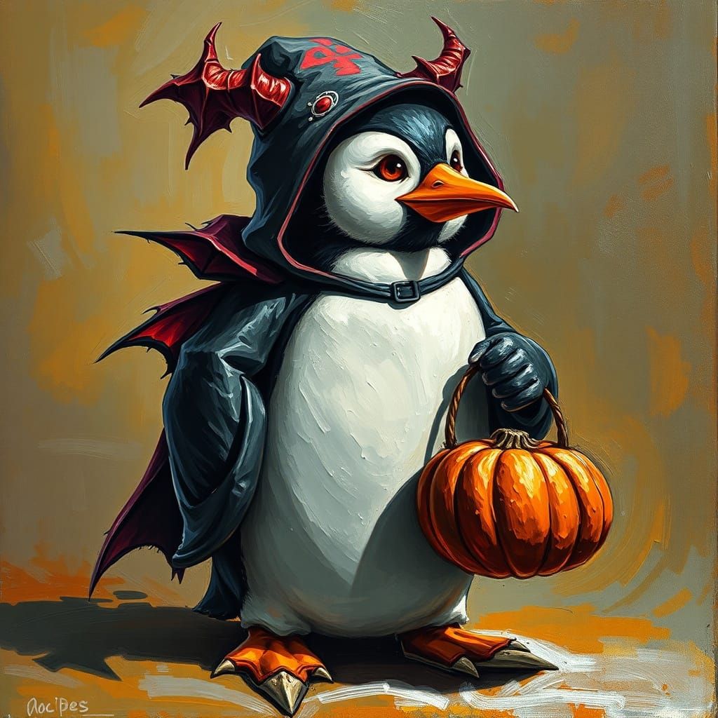 Penguin in Demoniac Halloween Costume with Pumpkin Basket