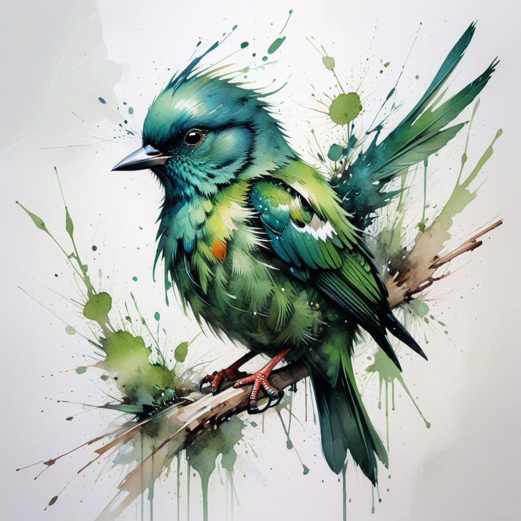 Green Bird Art in Expressive Watercolour Style