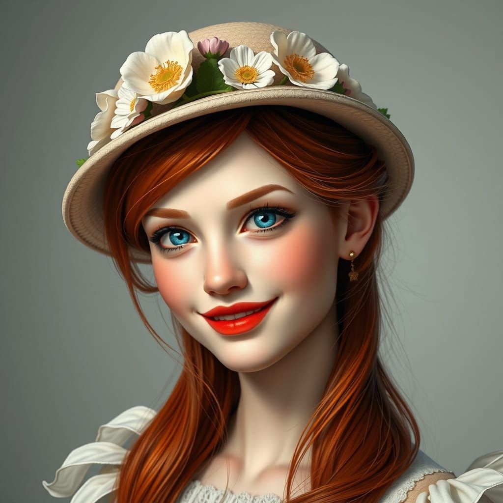Beautiful Redhead Portrait with Flowers, Digital Art