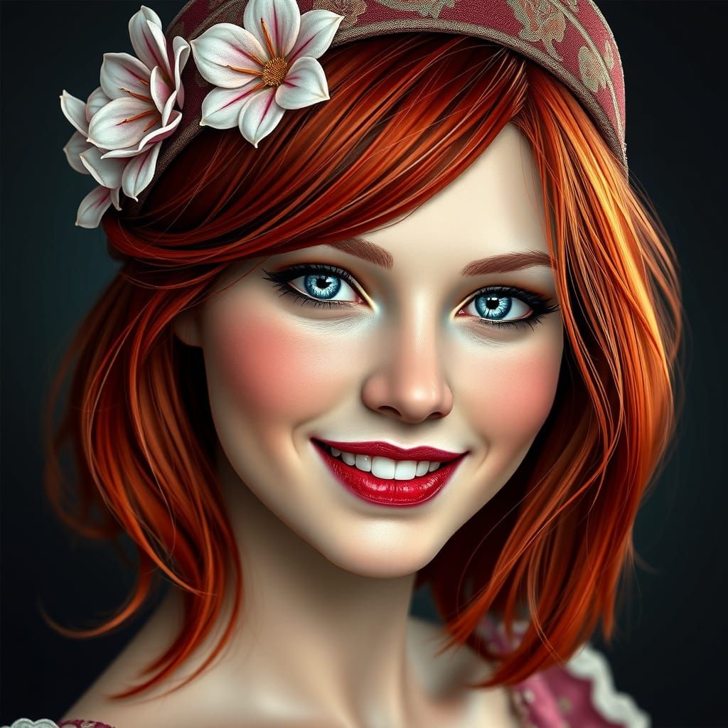 Redhead Portrait with Flowers in Art Nouveau Style
