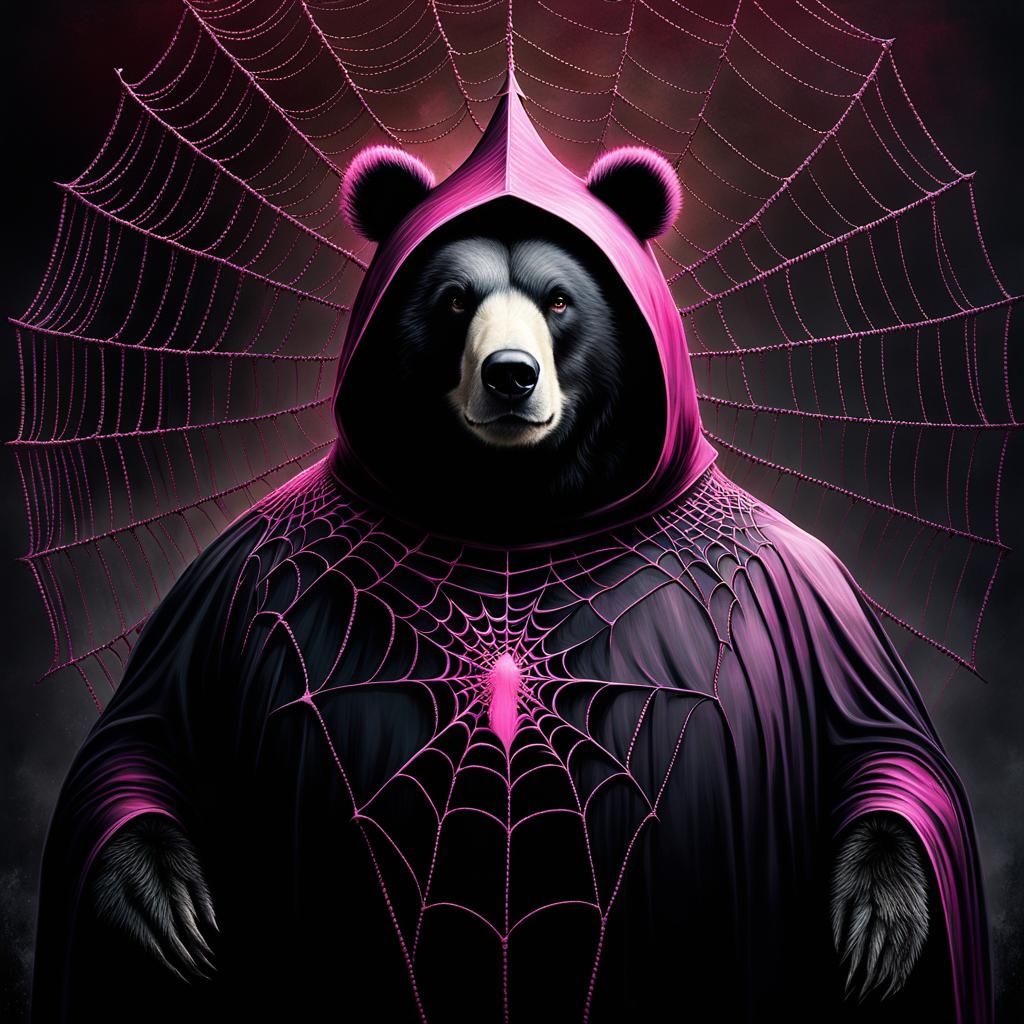 Spiderweb Bear Pope in Pink Attire: Surreal Art