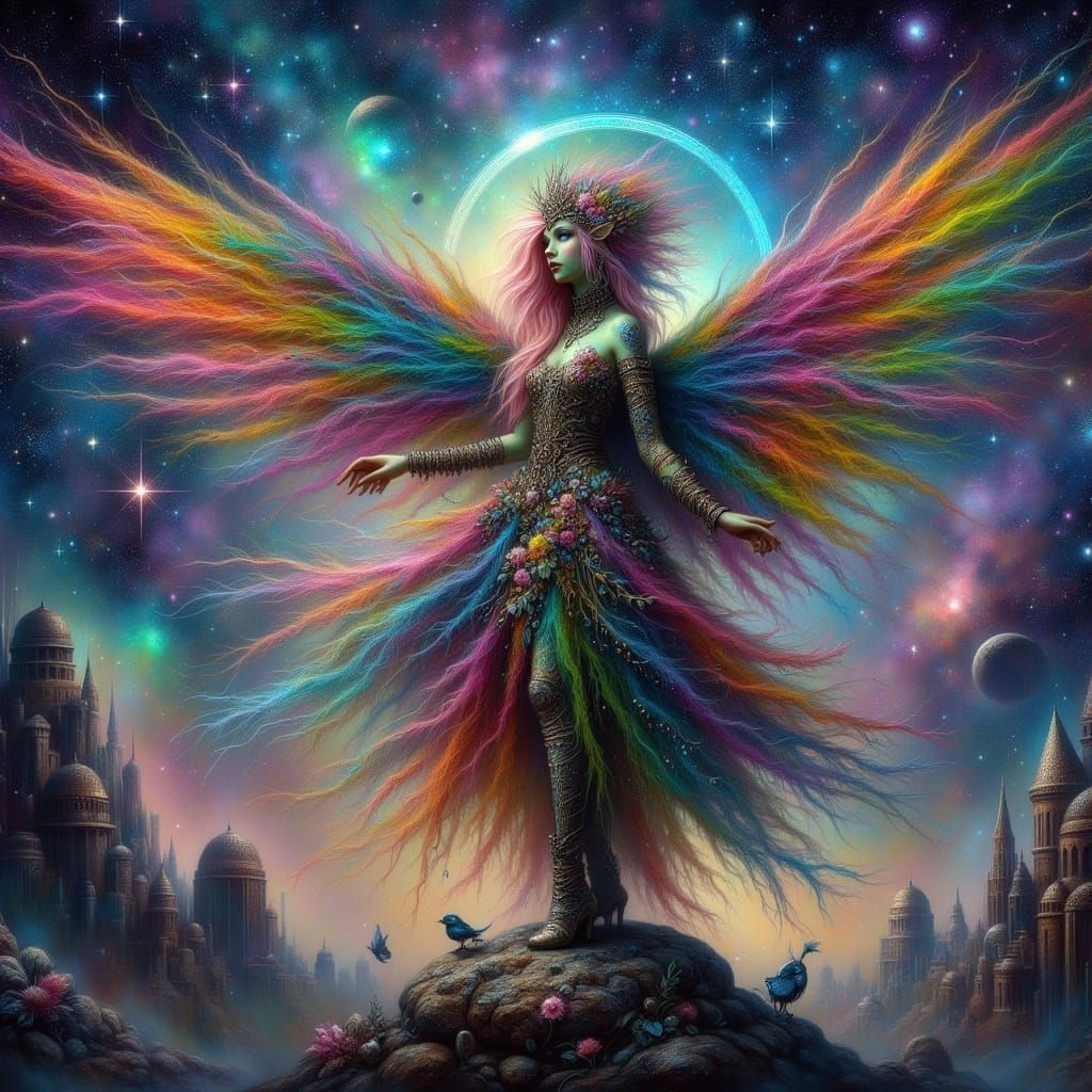 Celestial Goddess on Asteroid in Cosmic Style