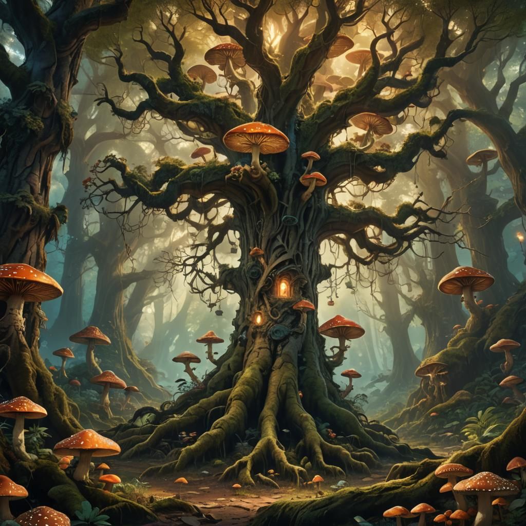 Mystical Tree in Lush Forest: Digital Matte Painting