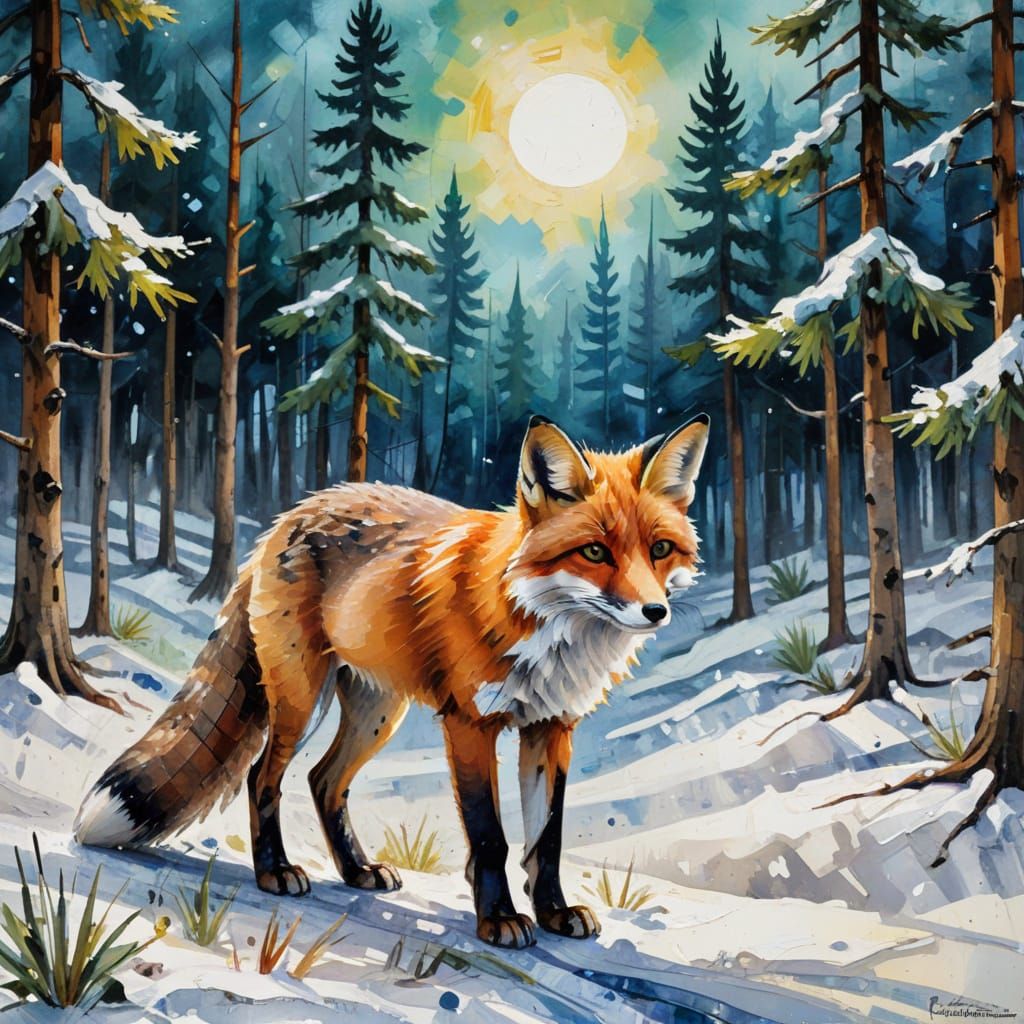 Expressionist Winter Fox in Hot Wax Impasto Painting