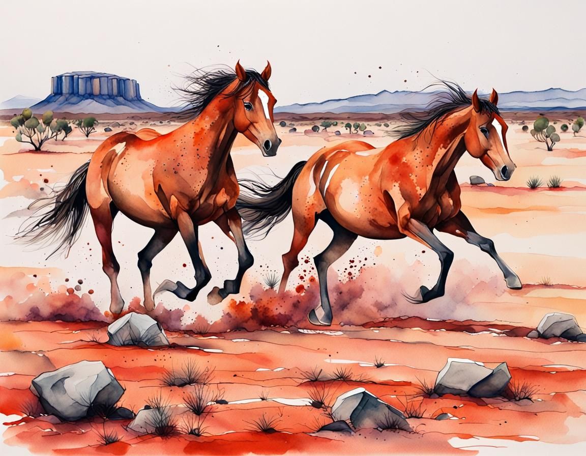 Australian Horses in Outback: Watercolor and Ink