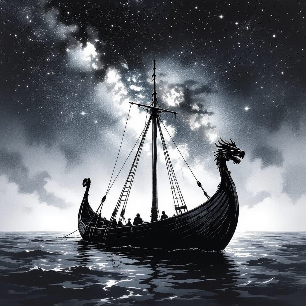 Viking Longship Adrift Under Nebula Sky