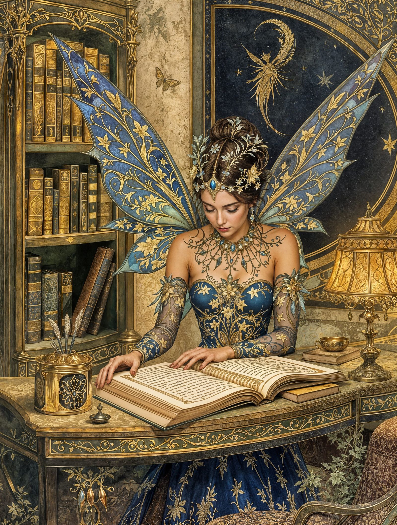 Fairy Archivist at Desk in Art Nouveau Style