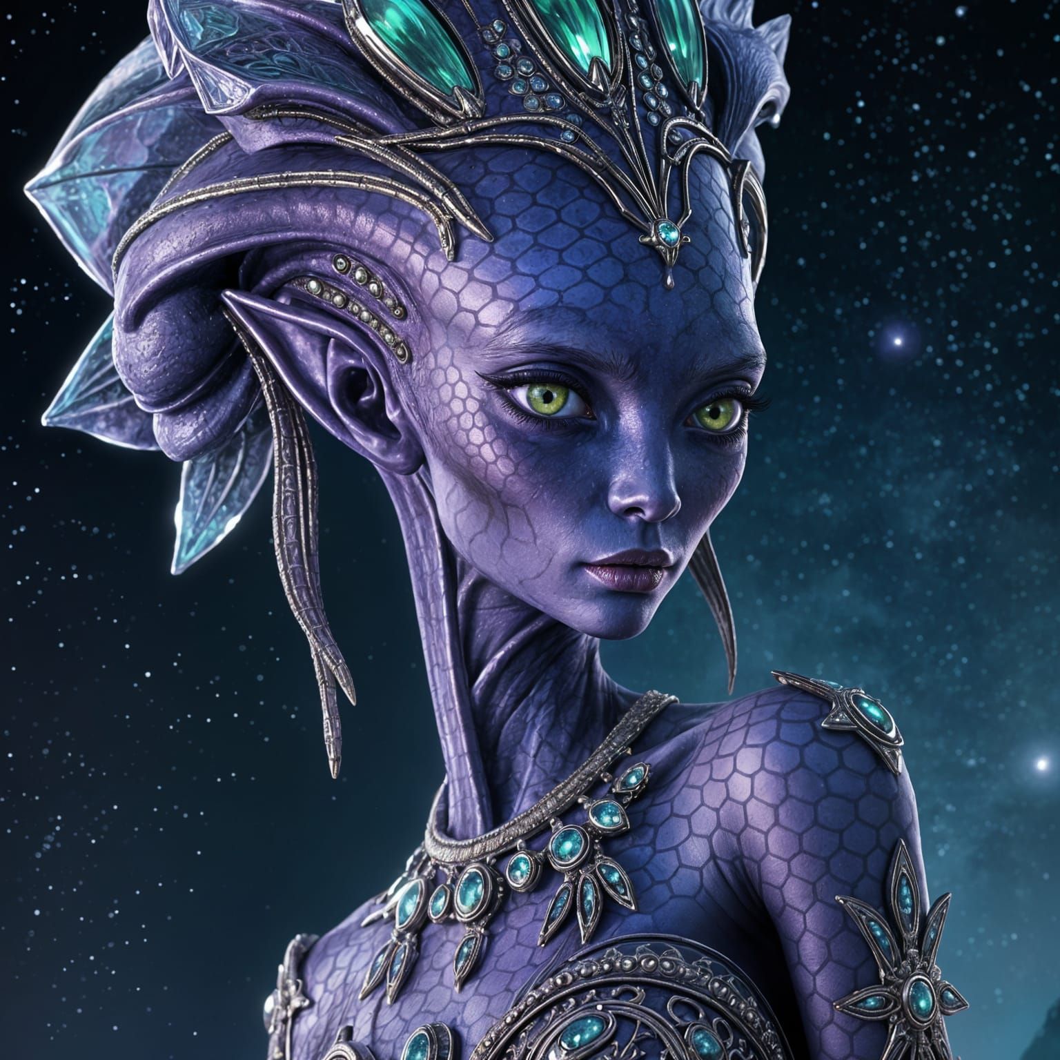 Exotic, Hyperrealistic Alien Goddess with Iridescent Scales