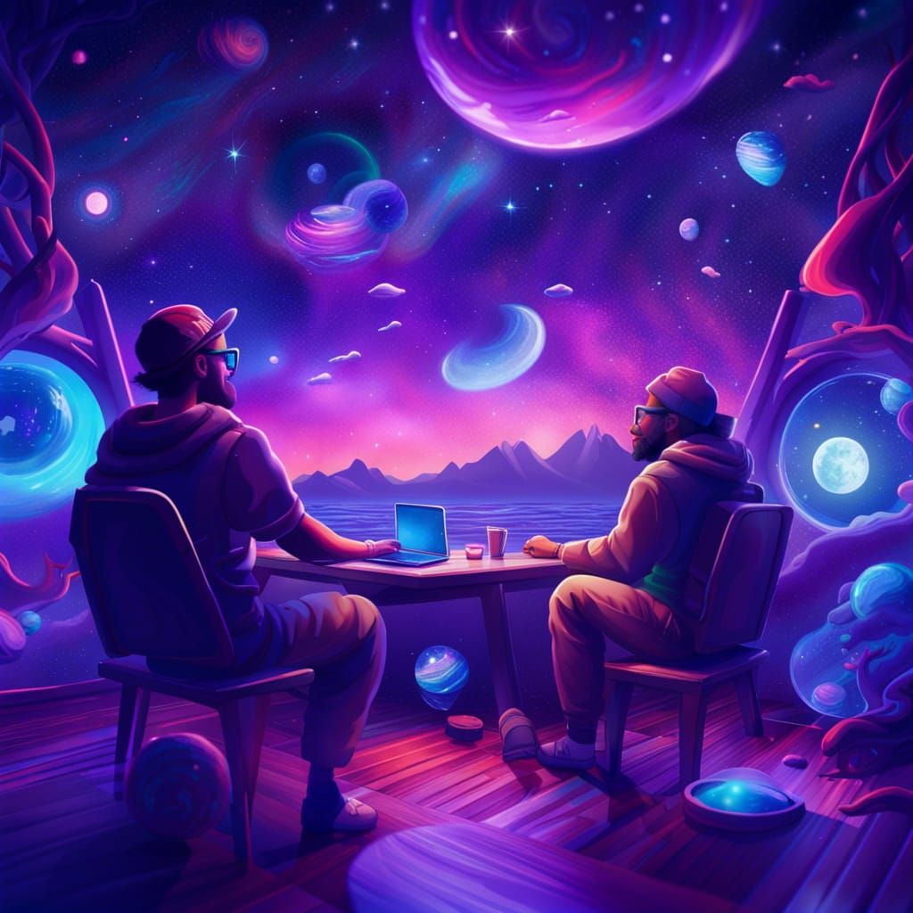 Hipsters Sailing Space Galaxy in Psychedelic Astral Art