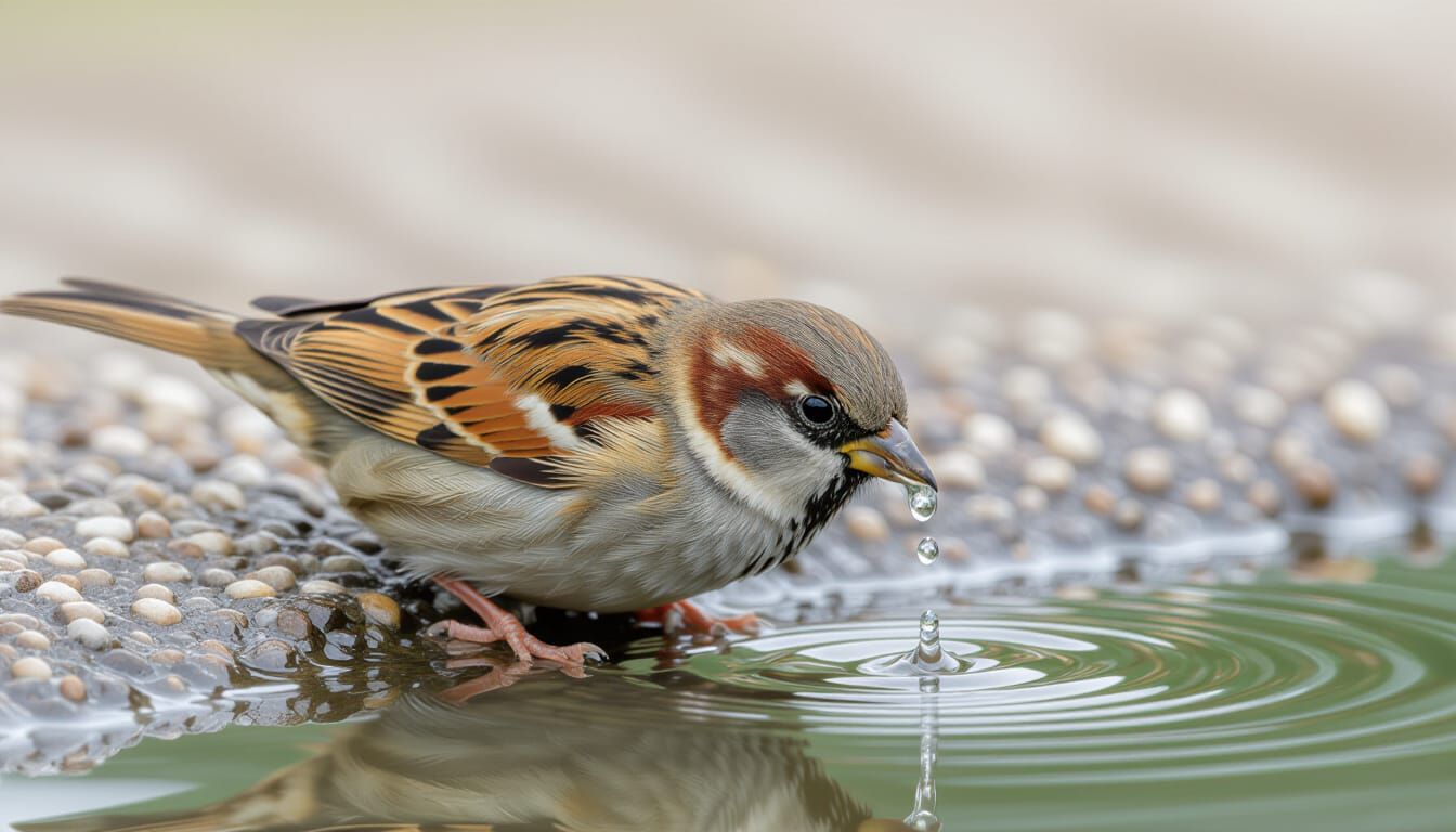 Sparrow Drinking from Pool Portrait