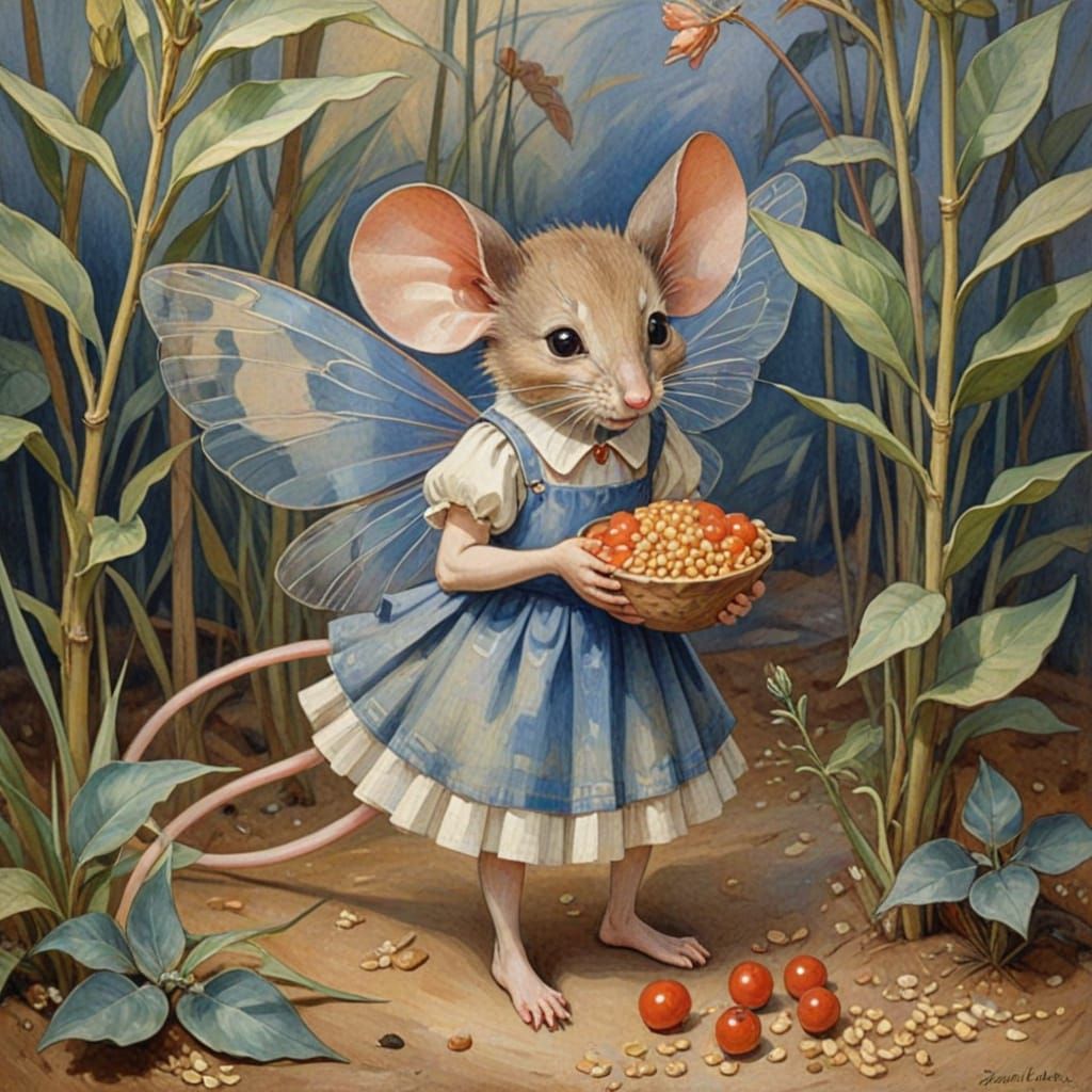 Mouse Fairy Stealing Grains: A Whimsical Portrait