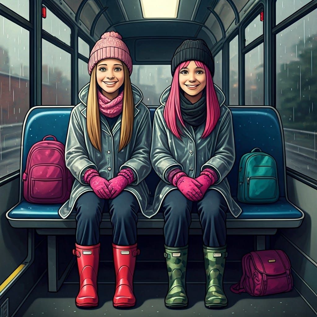 Sisters' Rainy Bus Ride Home: Digital Illustration