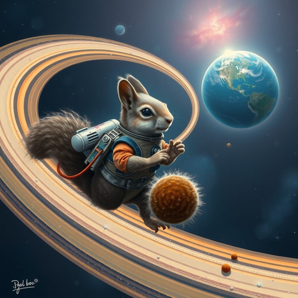 Squirrel Astronaut Among Saturn Rings in Cosmic Style