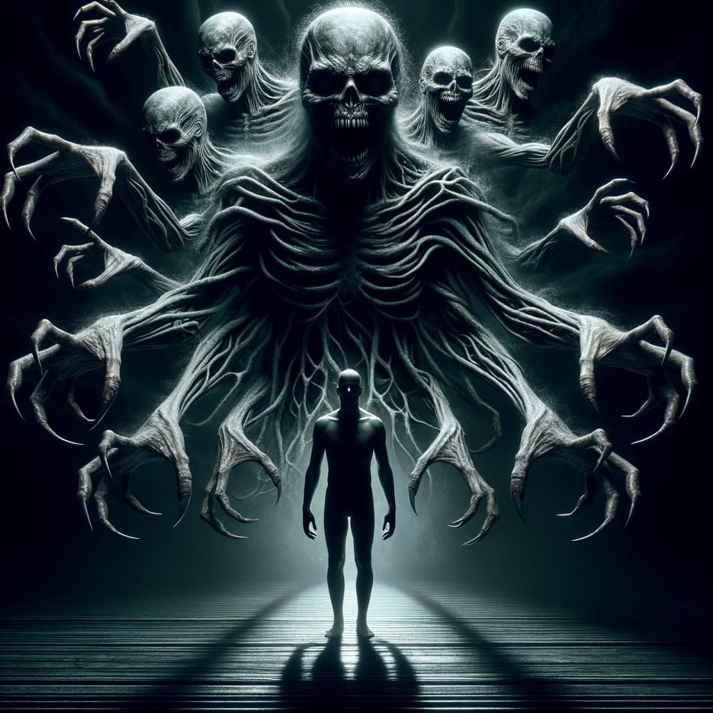 Uncanny Horror: Shadowy Entities Encircling Figure