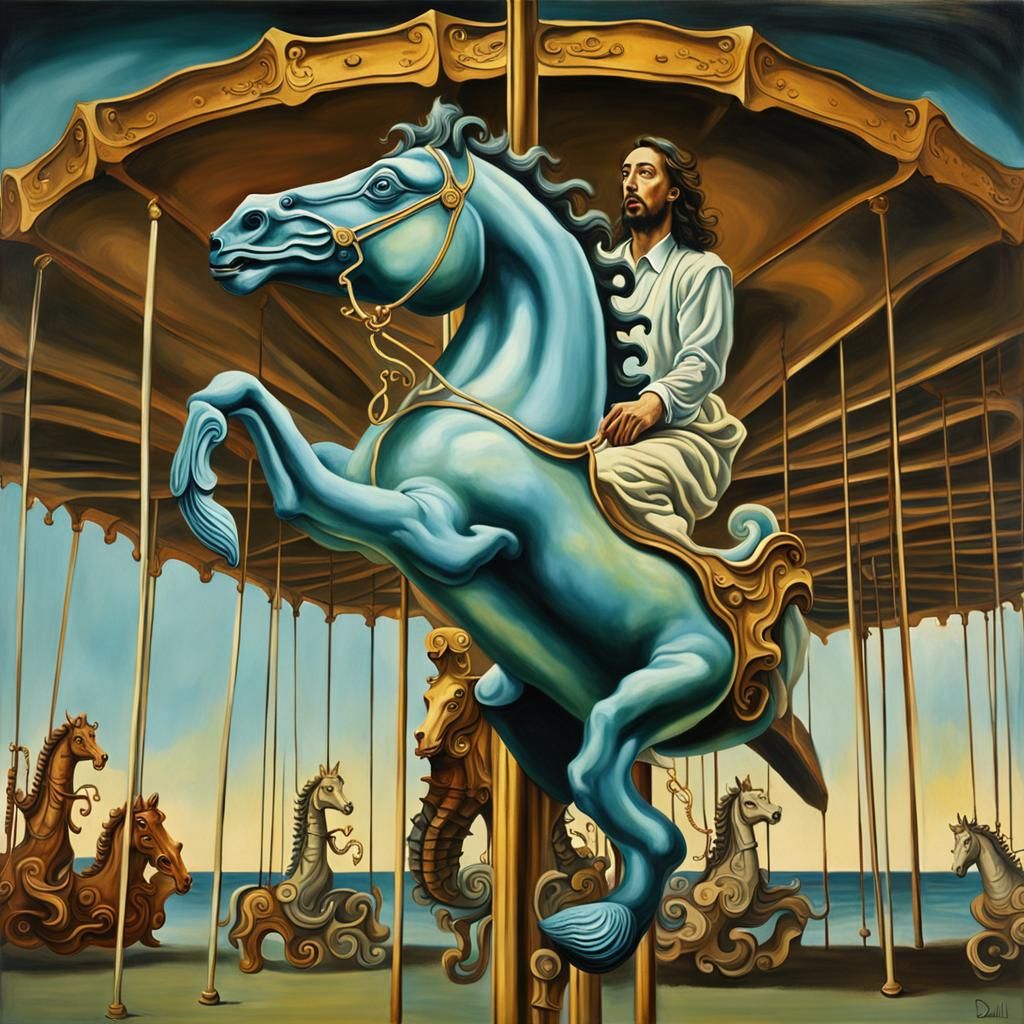 Jesus on Seahorse Carousel: Surreal Oil Painting