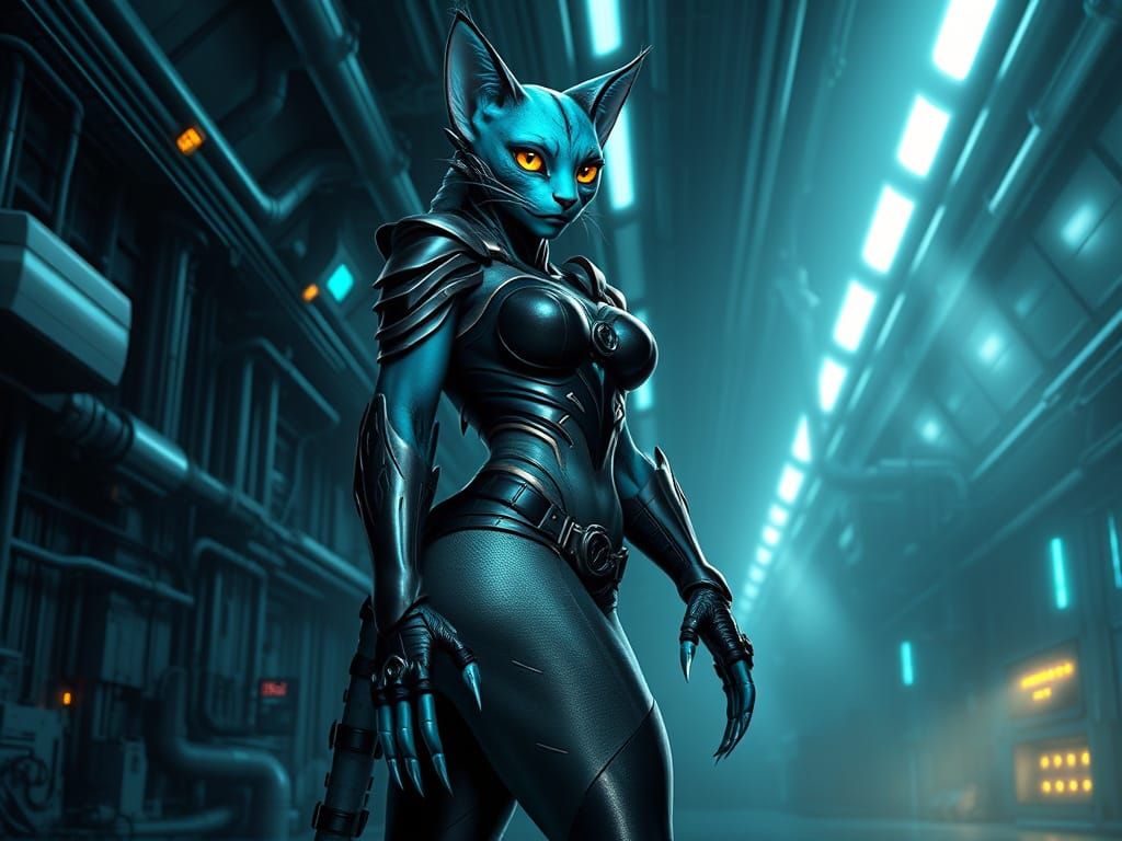 Cyberpunk Feline Alien Warrior in Futuristic Hangar