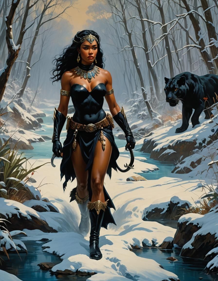 Warrior Woman and Panther in Winter Jungle