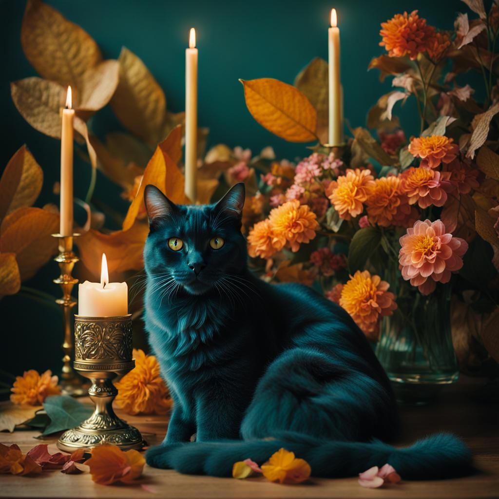 Cat in Autumn Leaves with Candlelight, Photography