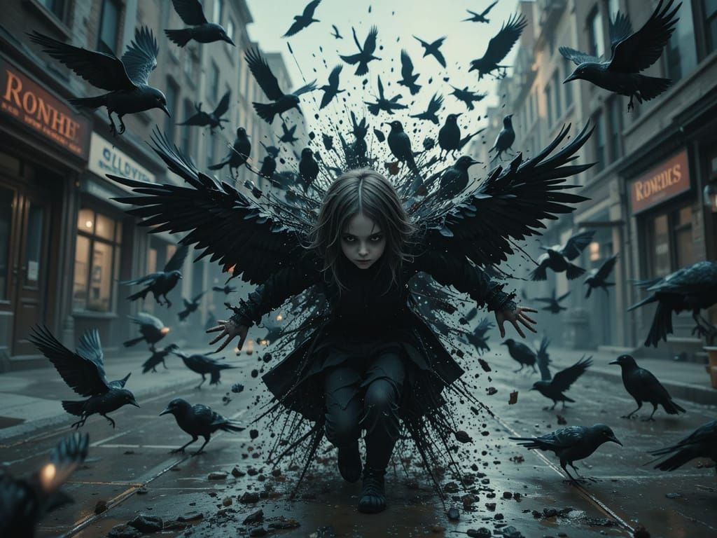 Gothic Girl with Wings in Abandoned City