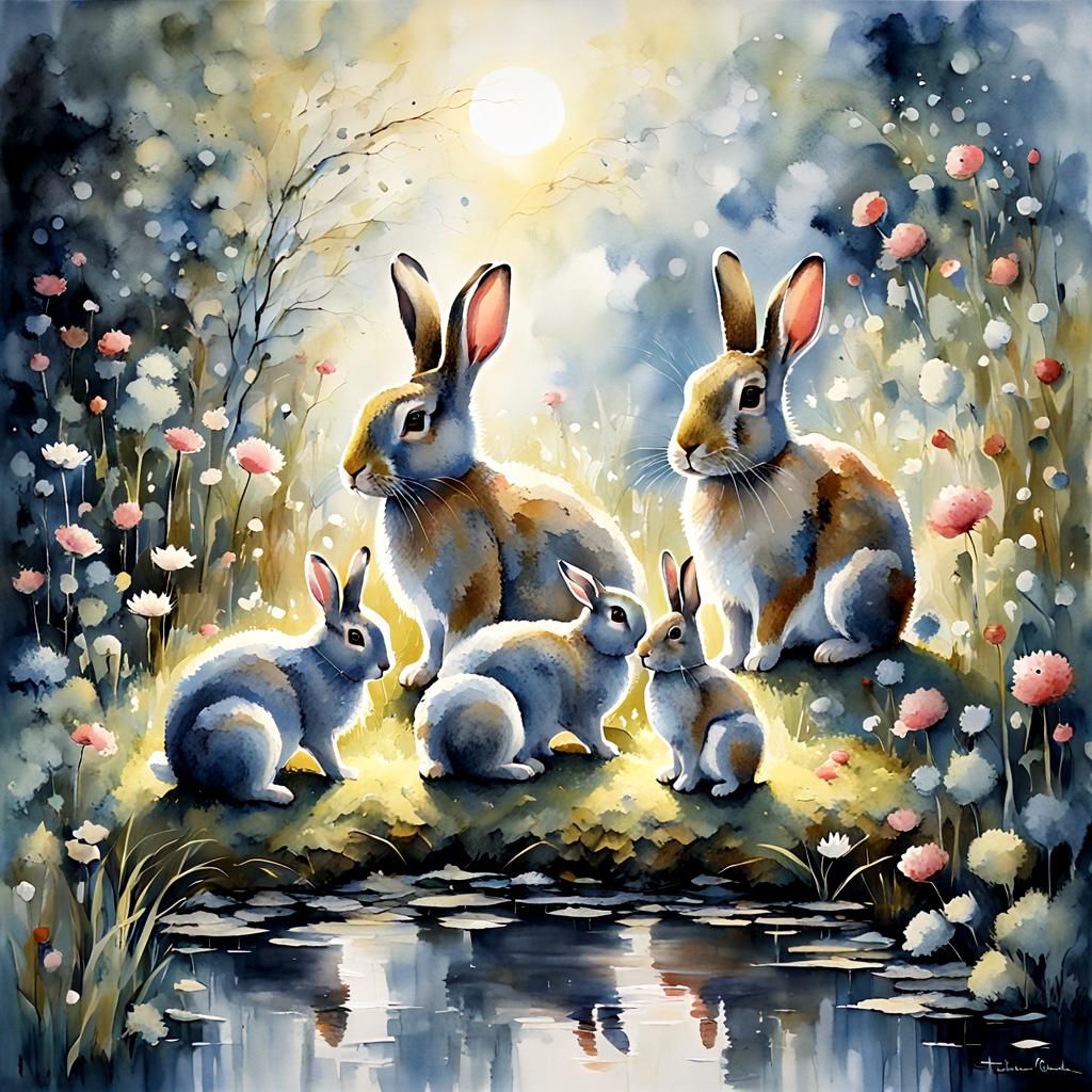 Rabbit Family in Enchanted Garden Watercolor