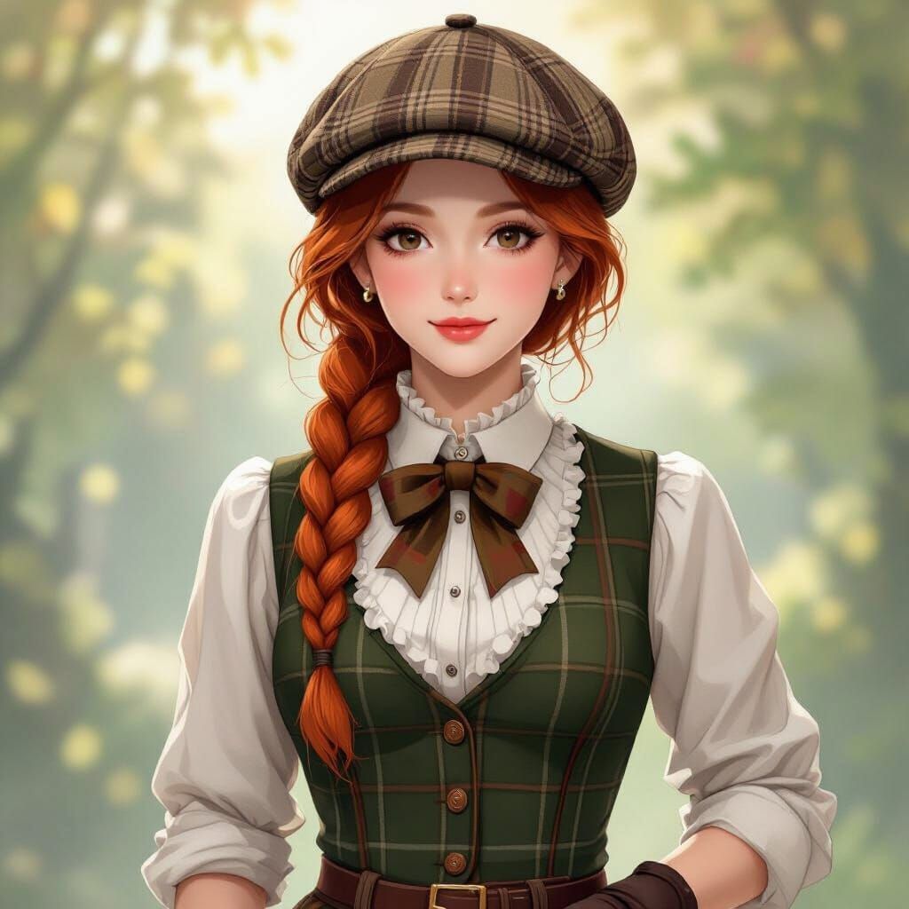 Woman with Red Hair in Tweed Outfit, Painterly Digital Art
