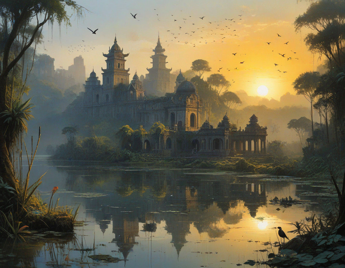 Mysterious Ruined City Reflected in Jungle Lake, Tropical Su...