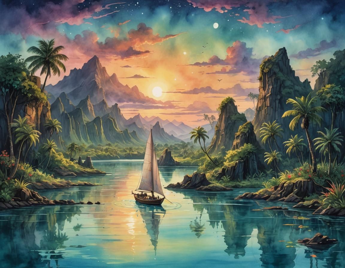 Enchanted Lagoon: A Fantasy Watercolor Painting