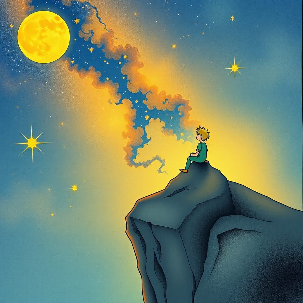 The Little Prince Contemplates the Cosmos on a Cliff