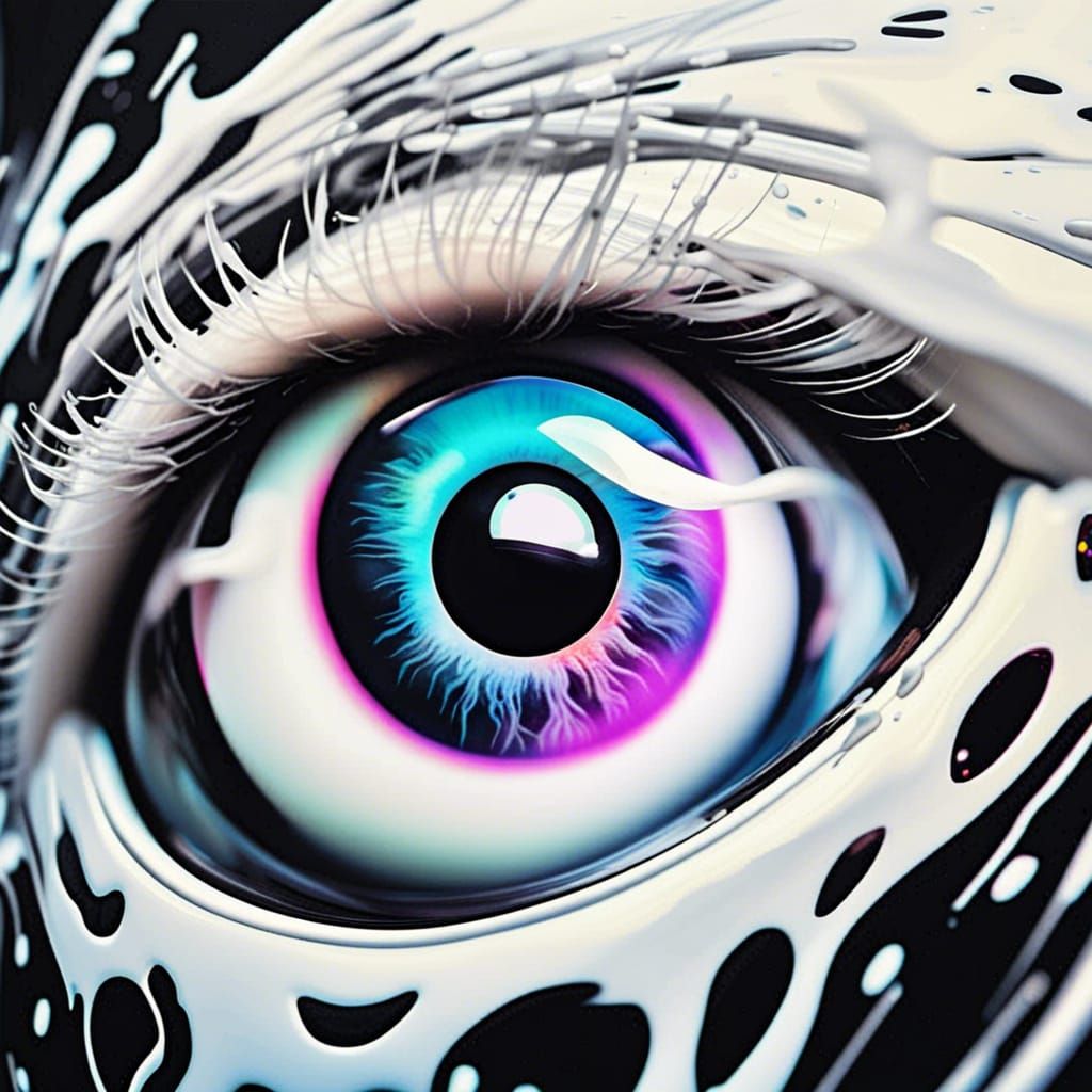 Eye Reflecting Neon Galaxy Splashing in Milk