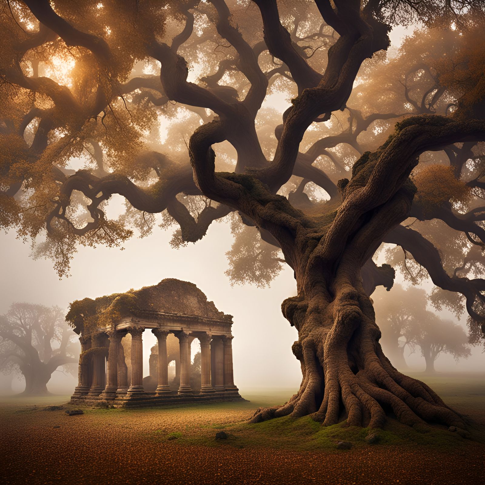 Ancient Oak by Roman Ruins in Golden Light