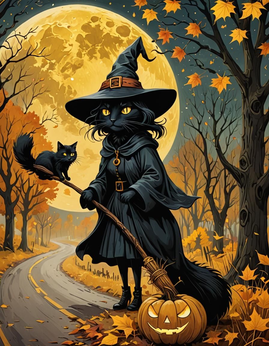 Witch and Cat on Autumn Road Sign