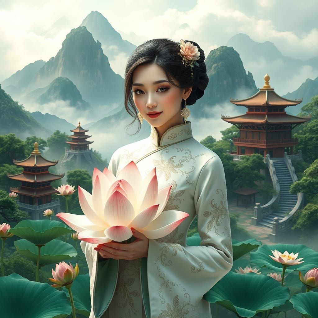 Serene Woman in Oriental Landscape with Lotus Flower