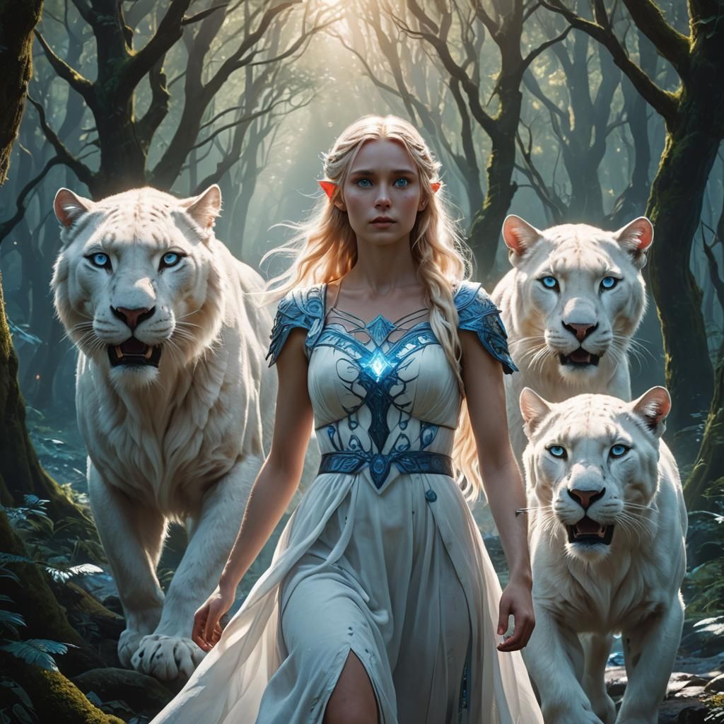Elf and Panther in Mystical Forest: Digital Art