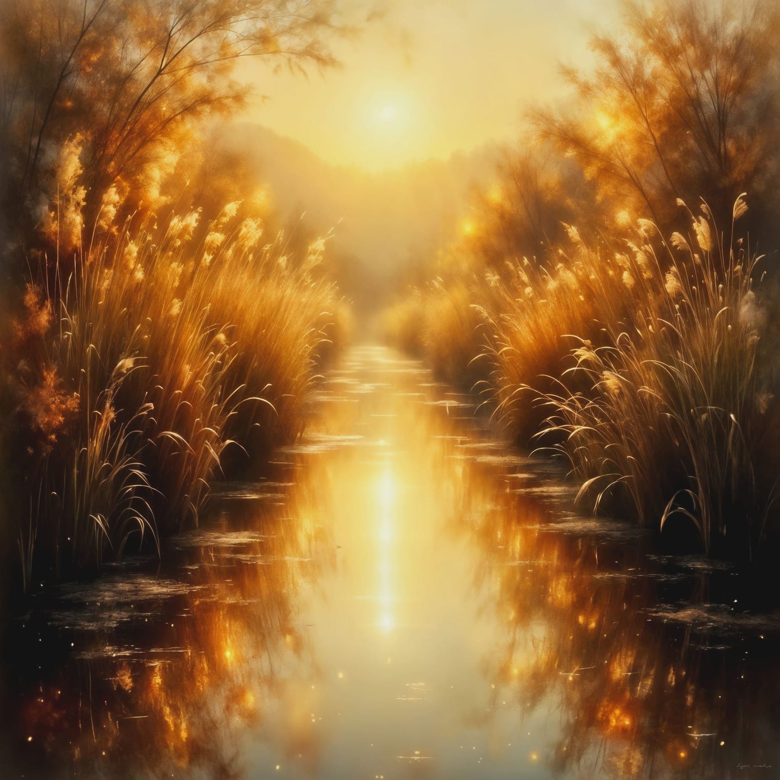 Golden Hour River Through Reeds