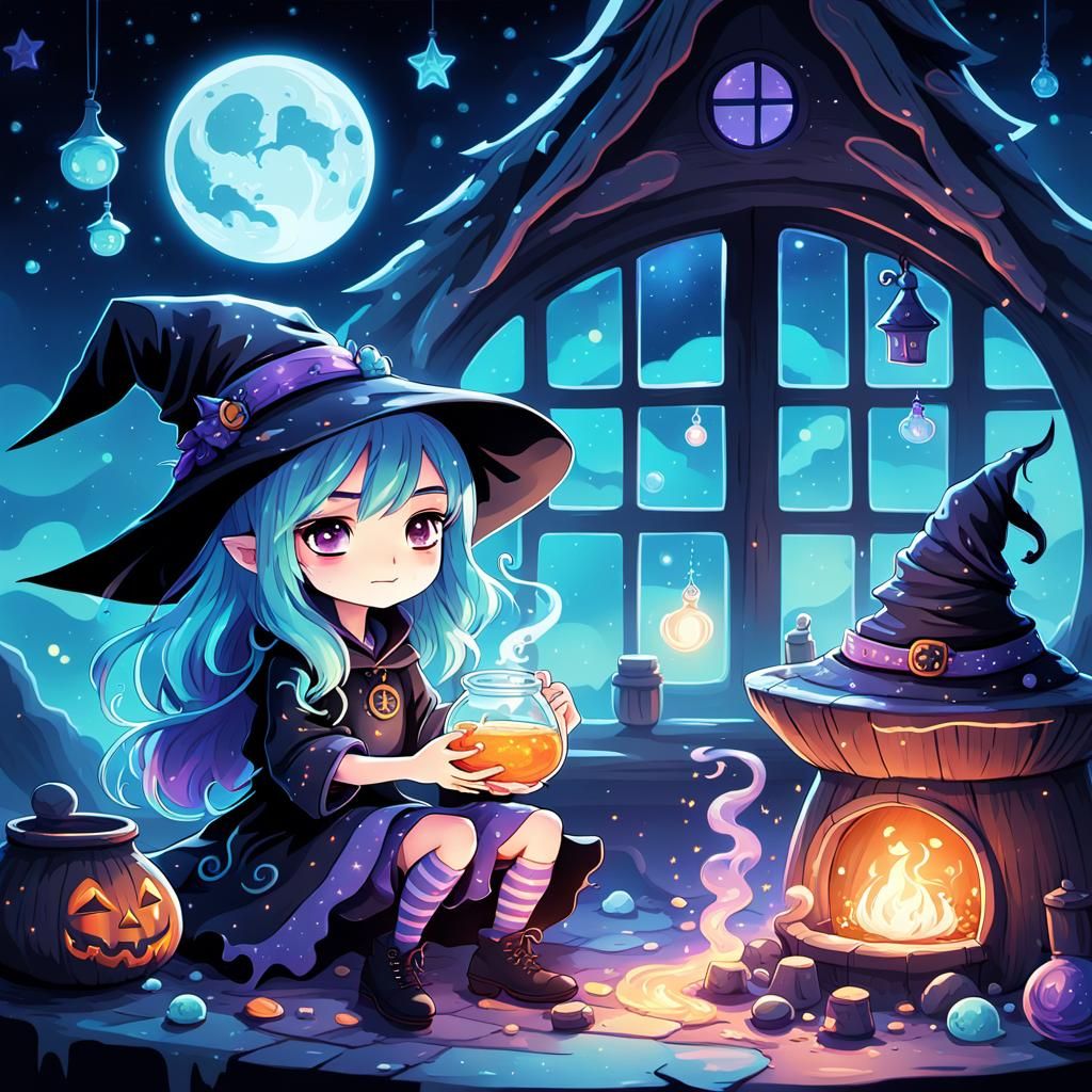 Chibi Witch Brews Potion Under Eerie Moonlight