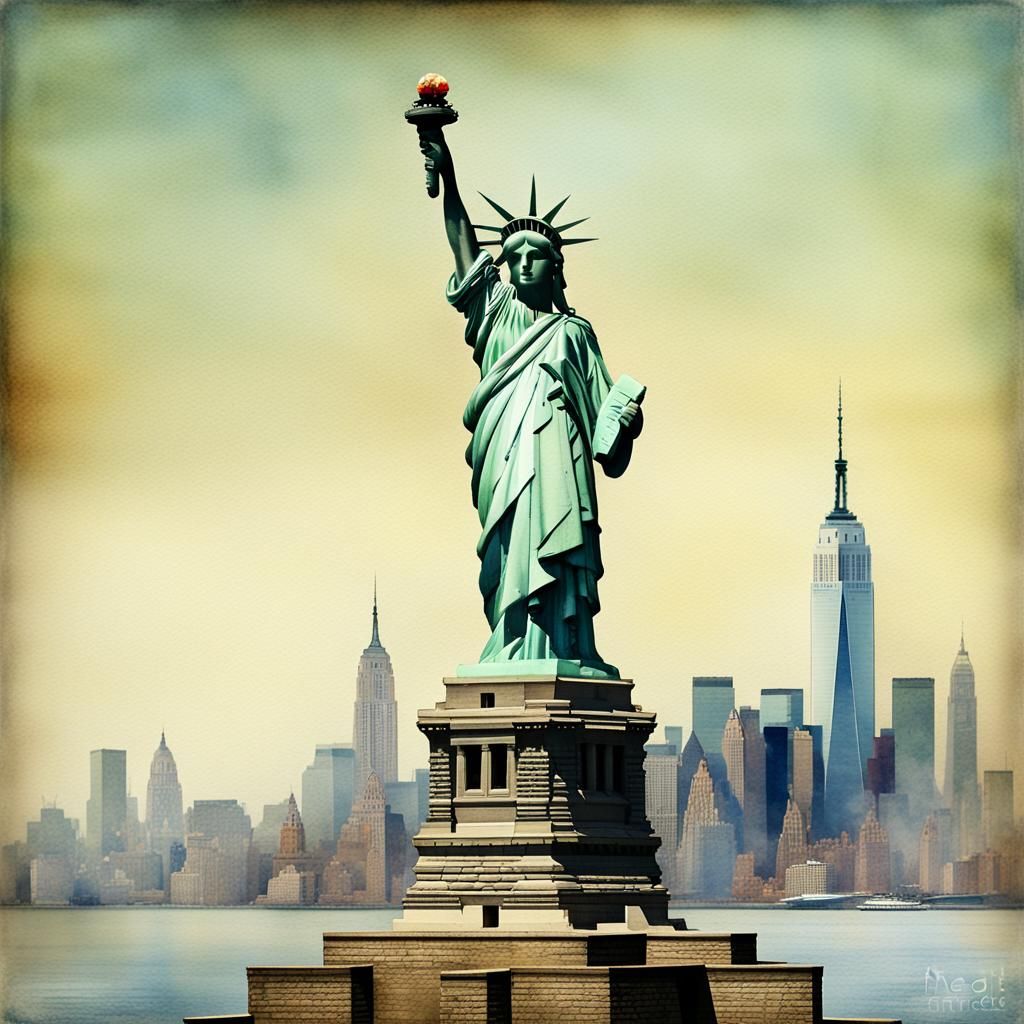 Statue of Liberty Watercolor Skyline Art