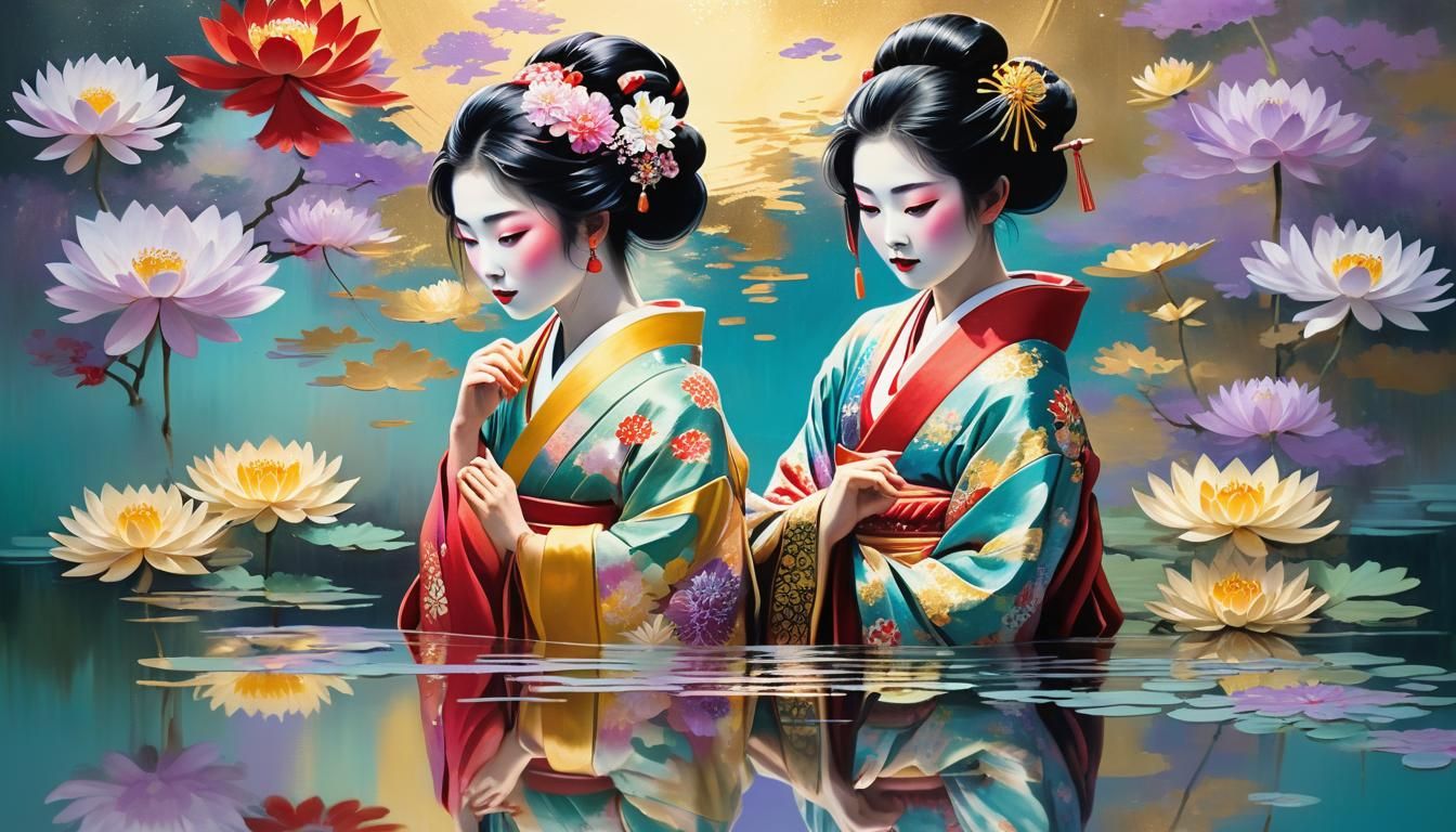 Geisha in Mirrored Reflection: Gouache Impressionist Art