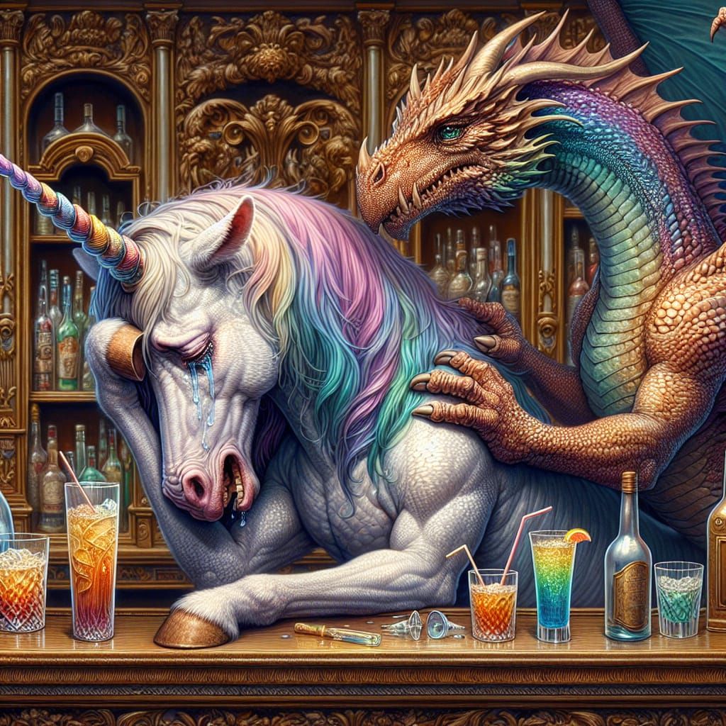 Distraught Unicorn Cries on Dragon's Shoulder
