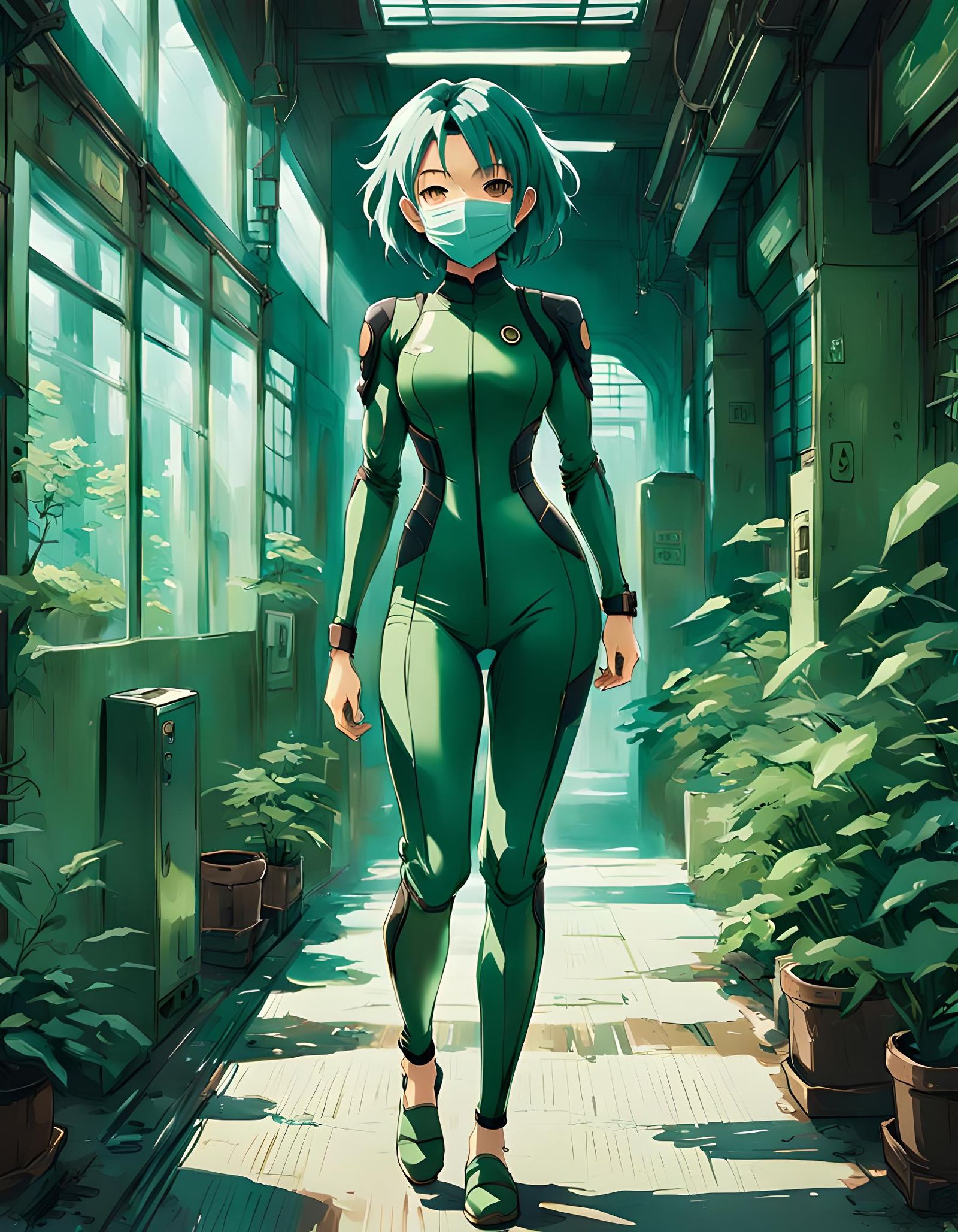 Green-Haired Beauty in Jumpsuit, Anime Style