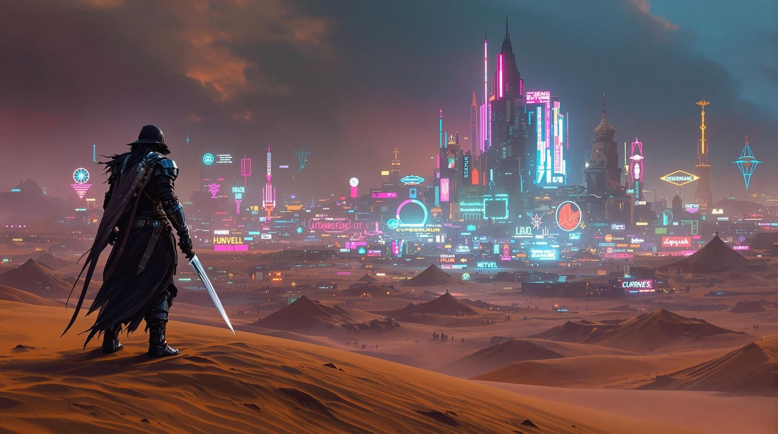 Cyberpunk Desert Pirate Gazing at Neon Cityscape