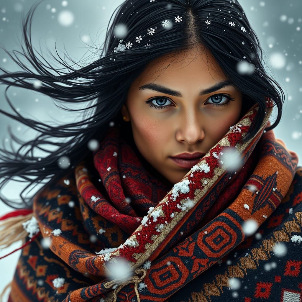 Native American Woman Walks Through Snowstorm with Tradition...